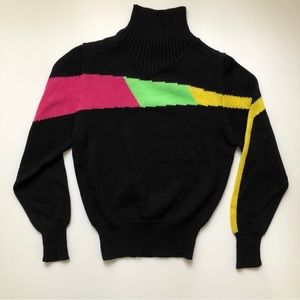 Vintage 80s Obermyer Machine Knit Neon Turtle Neck Sweater Womens Small